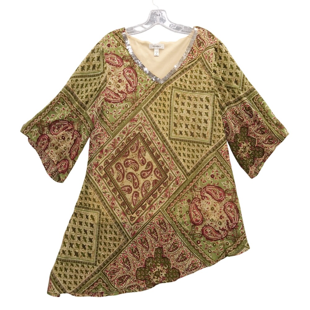 Dressbarn Paisley Print Tunic Top Sequin V‎ Neck Bell Sleeve Green 2X